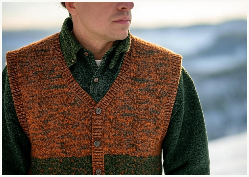 남성조끼 브리티시 빈티지 니트 베스트 클래식 브라운&그린 20% 울 버튼 디테일/두꺼운 오버핏 겨울용 빅사이즈 남자니트조끼/남자 조끼니트